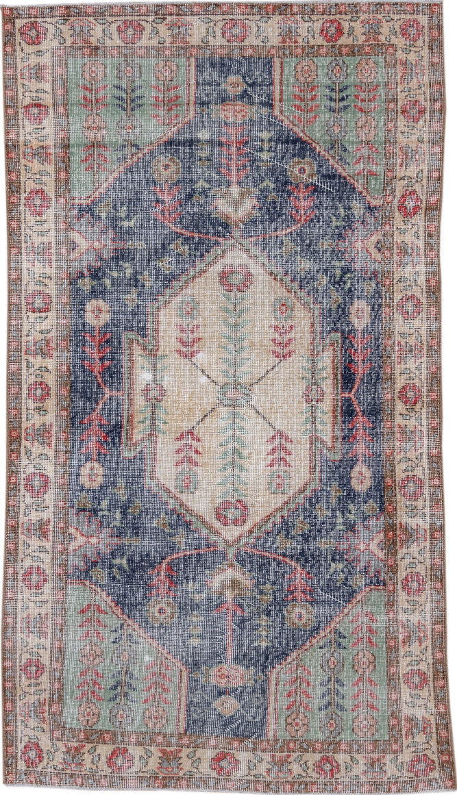 3' x 6' one-of-a-kind handmade vintage Oushak small size rug. Color palette: blue, brown, fiord, gainsboro, gray, light blue