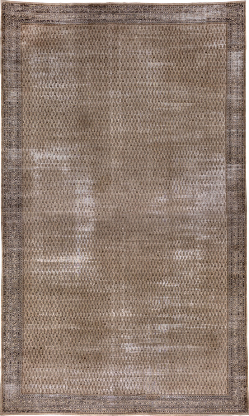 18' x 30' one-of-a-kind handmade vintage Saraband oversize rug. Color palette: brown, gray, light gray, off-white, pink