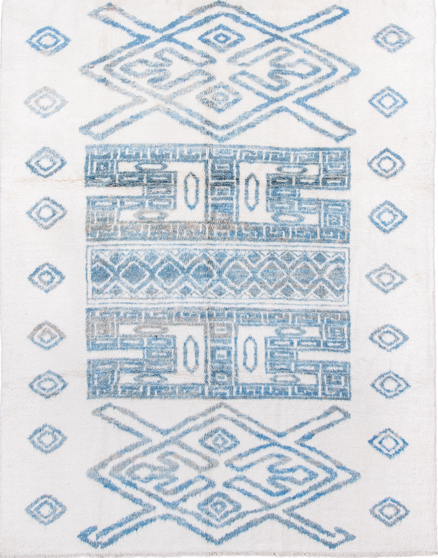 8' x 11' one-of-a-kind handmade vintage Moroccan large size rug. Color palette: blue, light blue, gray, off-white