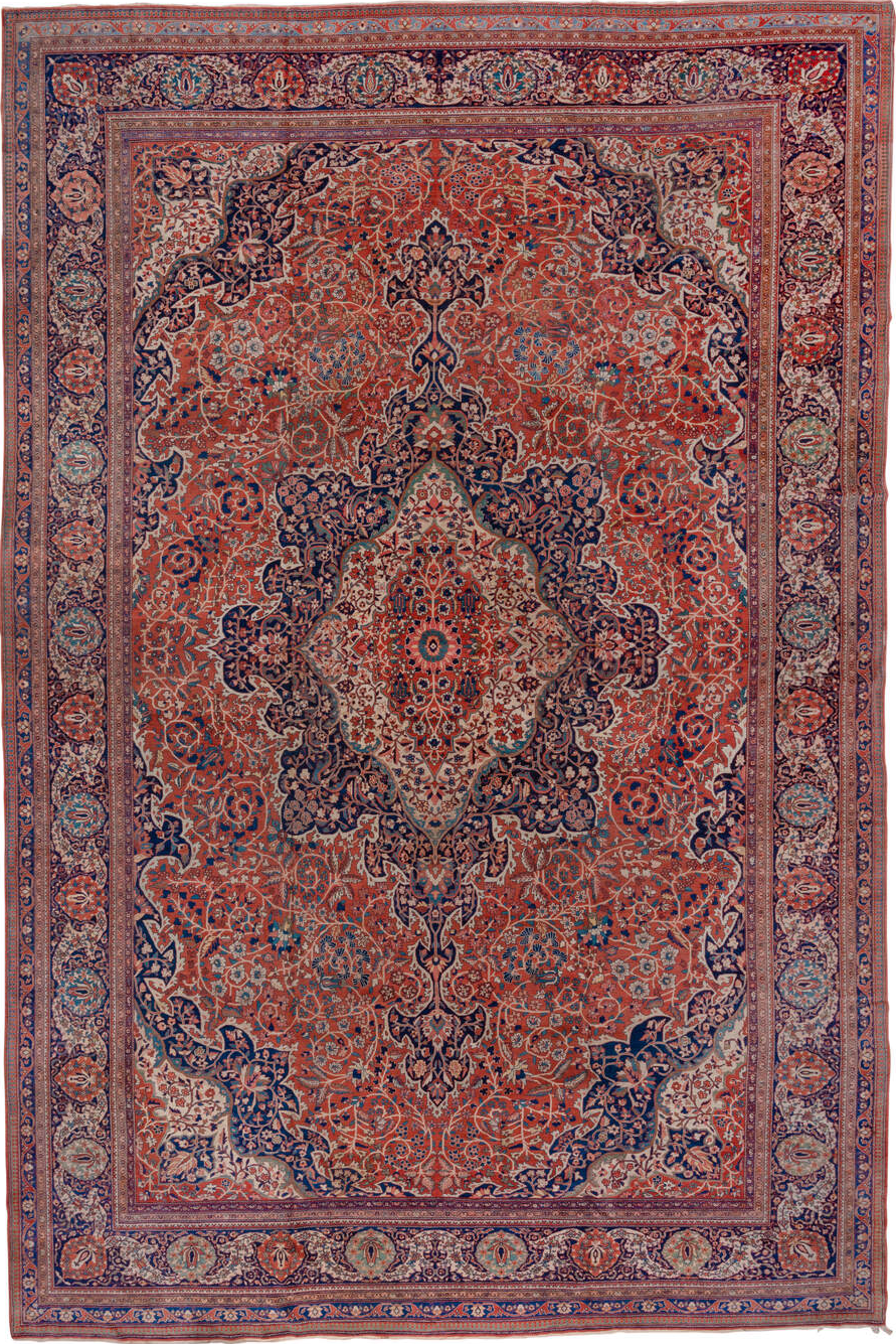 13' x 20' one-of-a-kind handmade vintage Far.Sarouk oversize rug. Color palette: blue, brown, dark slate gray, gray, pink