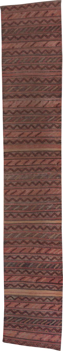 2' x 15' one-of-a-kind handmade vintage Jijim runner rug. Color palette: brown, gray, off-white, pink, red, redwood, snow