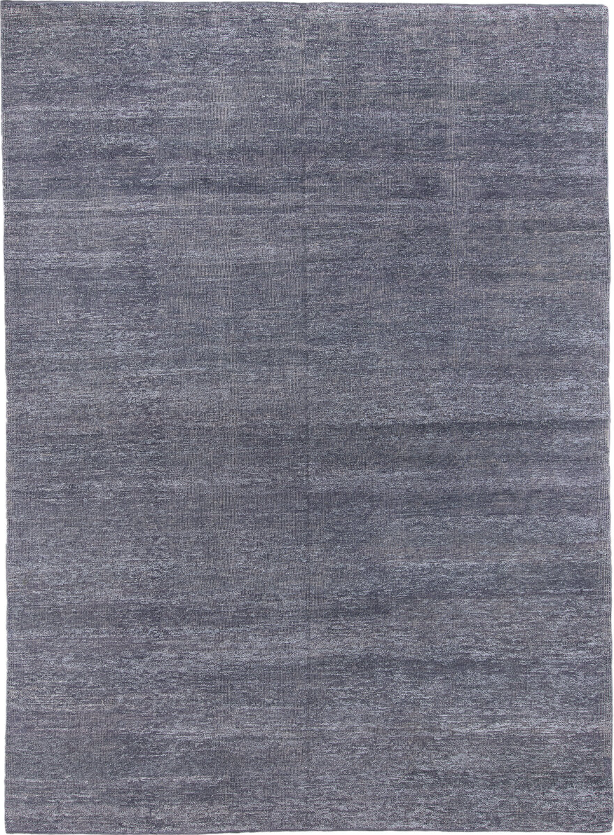 8' x 12' one-of-a-kind handmade vintage Sari Silk large size rug. Color palette: black, blue, charcoal, dark gray, gainsboro