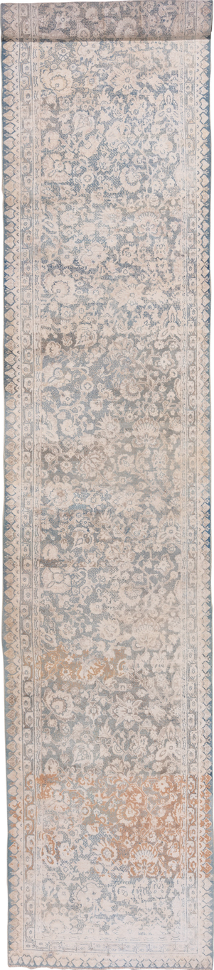 3' x 19' one-of-a-kind handmade vintage Cotton Agra runner rug. Color palette: brown, dark gray, gainsboro, gray, light gray