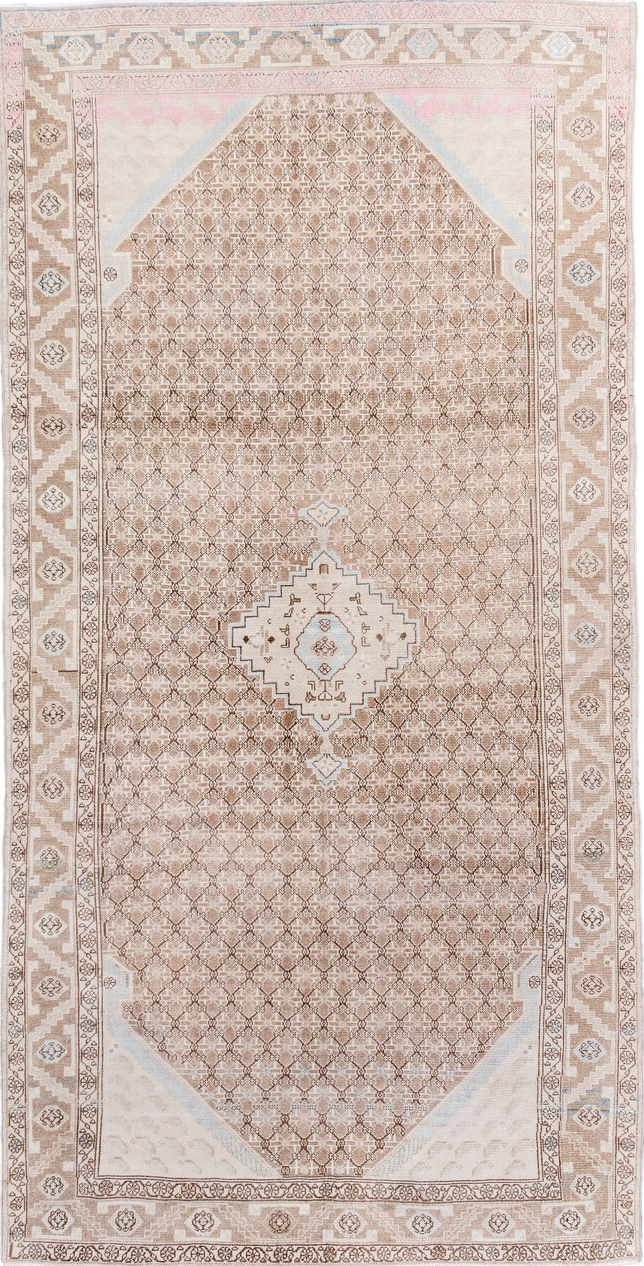 4' x 9' one-of-a-kind handmade vintage Malayer runner rug. Color palette: brown, dark gray, gray, light gray, linen
