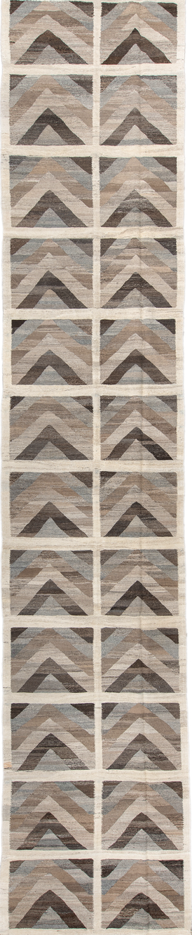 3' x 19' one-of-a-kind handmade vintage Kilim runner rug. Color palette: black, dark gray, dim gray, gray, light gray