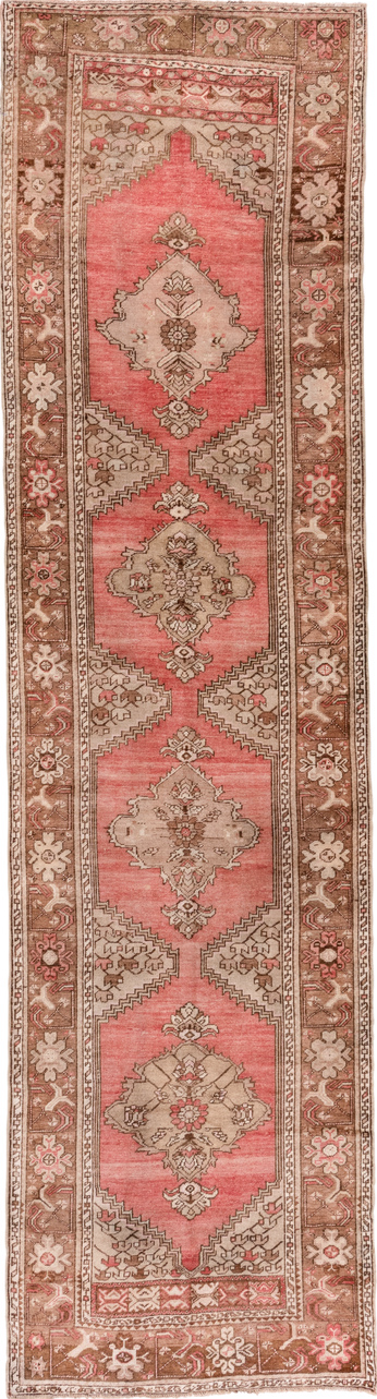 3' x 13' one-of-a-kind handmade vintage Oushak runner rug. Color palette: brown, light gray, off-white, orange, pink, red