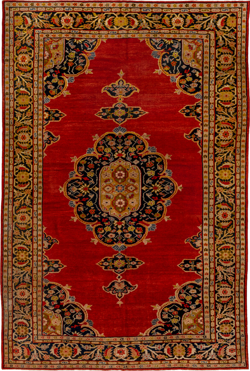 9' x 13' one-of-a-kind handmade vintage Sultanabad large size rug. Color palette: red, brown, gray, black, pink, yellow