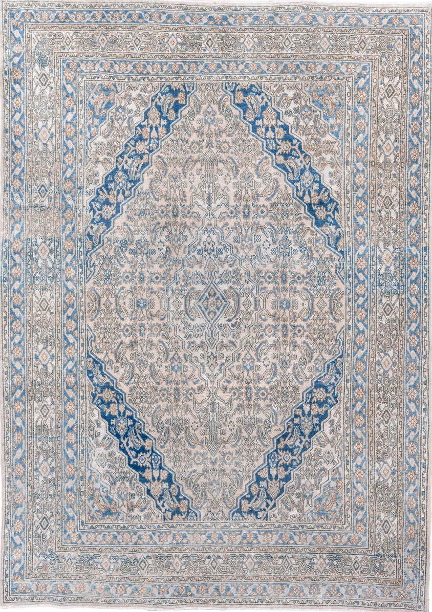 7' x 9' one-of-a-kind handmade vintage Hamadan rug. Color palette: blue, dark gray, dim gray, gray, light blue, light gray