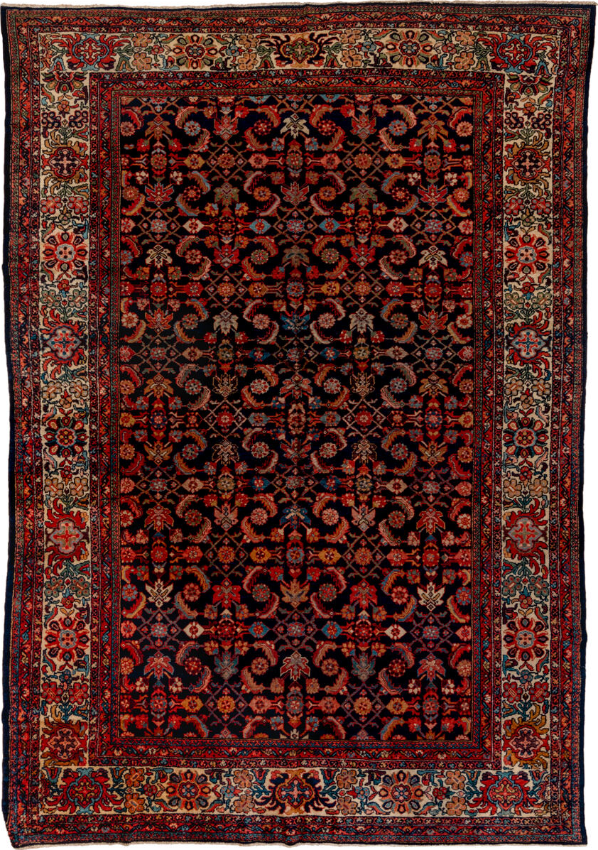 8' x 12' one-of-a-kind handmade vintage Mahal large size rug. Color palette: brown, red, off-white, blue, gray, maroon