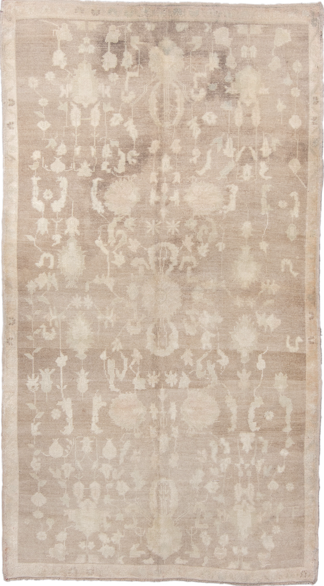 4' x 8' one-of-a-kind handmade vintage Oushak rug. Color palette: antiquewhite, brown, gray, light gray, linen, off-white