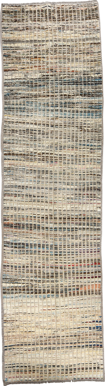 3' x 11' one-of-a-kind handmade vintage Tulu runner rug. Color palette: black, blue, brown, dark gray, gray, light gray