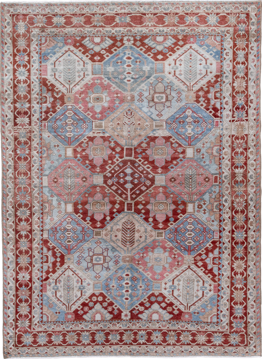 5' x 7' one-of-a-kind handmade vintage Baktiary rug. Color palette: blue, brown, dark gray, dim gray, gainsboro, gray