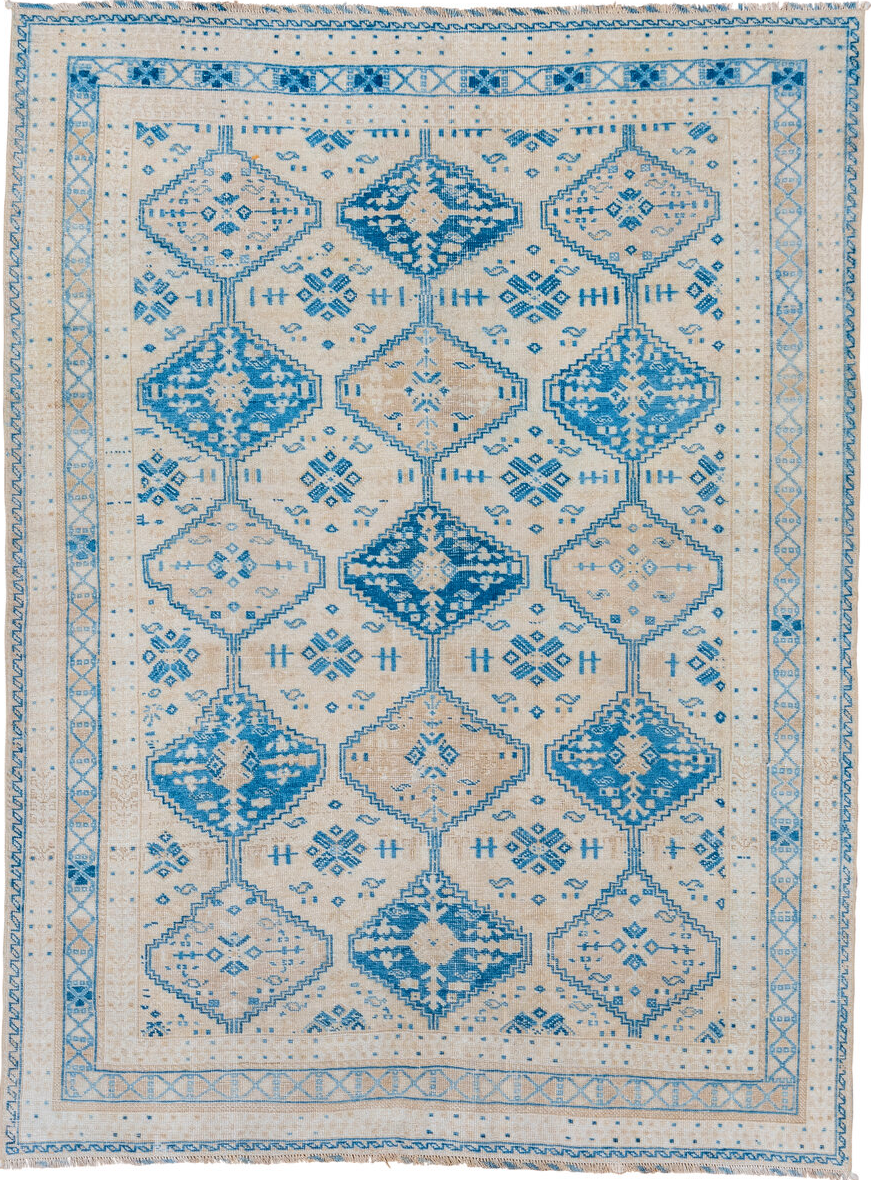 5' x 6' one-of-a-kind handmade vintage Afshar rug. Color palette: blue, dark gray, gainsboro, gray, light blue, light gray