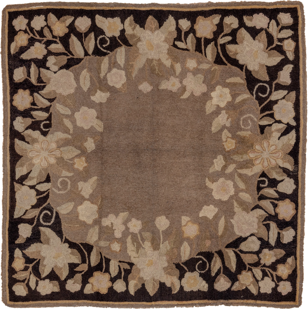 5' x 5' one-of-a-kind handmade vintage Hooked rug. Color palette: black, brown, gray