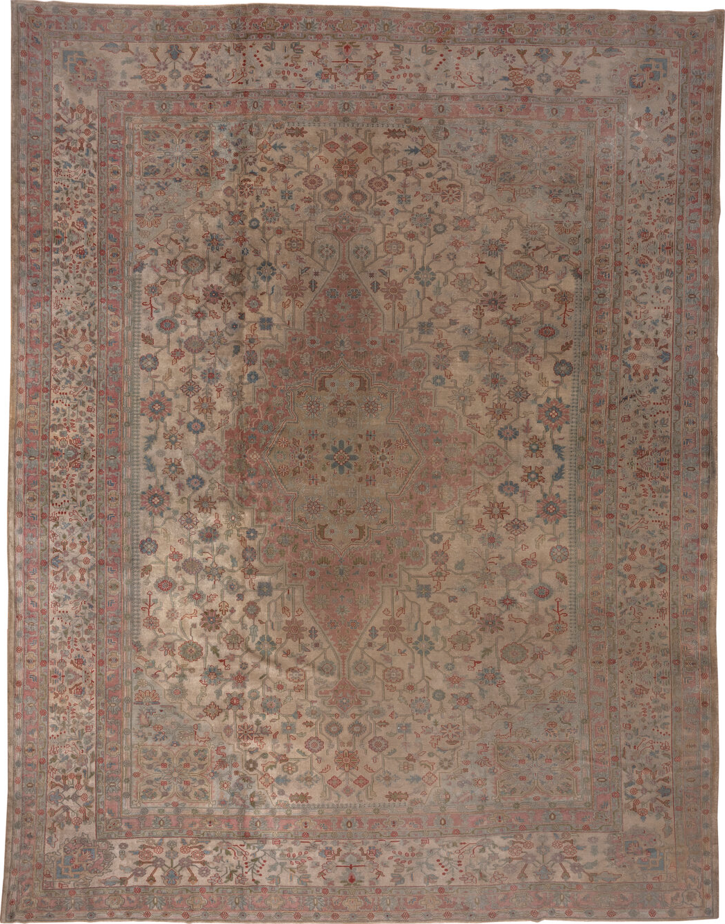 13' x 16' one-of-a-kind handmade vintage Sivas oversize rug. Color palette: brown, dim gray, gray, pink, red, redwood