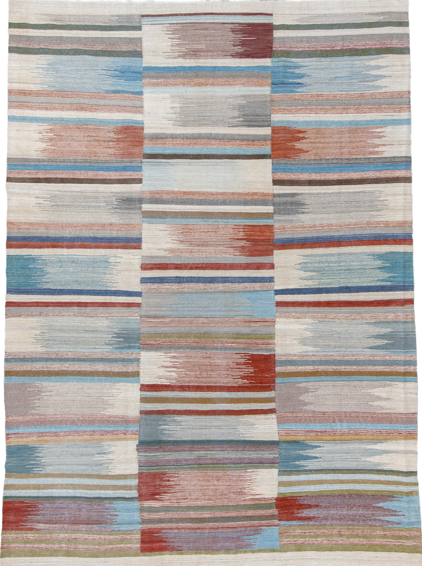 7' x 11' one-of-a-kind handmade vintage Kilim large size rug. Color palette: blue, gray, light blue, light gray