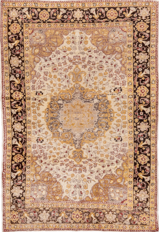4' x 7' one-of-a-kind handmade vintage Oushak rug. Color palette: brown, burlywood, off-white, orange, pink, yellow