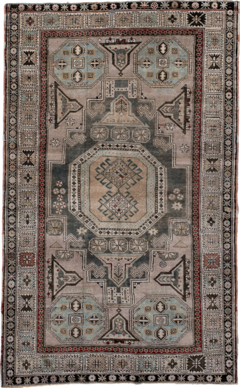 4' x 6' one-of-a-kind handmade vintage Shiraz small size rug. Color palette: black, brown, charcoal, dim gray, gray, pink