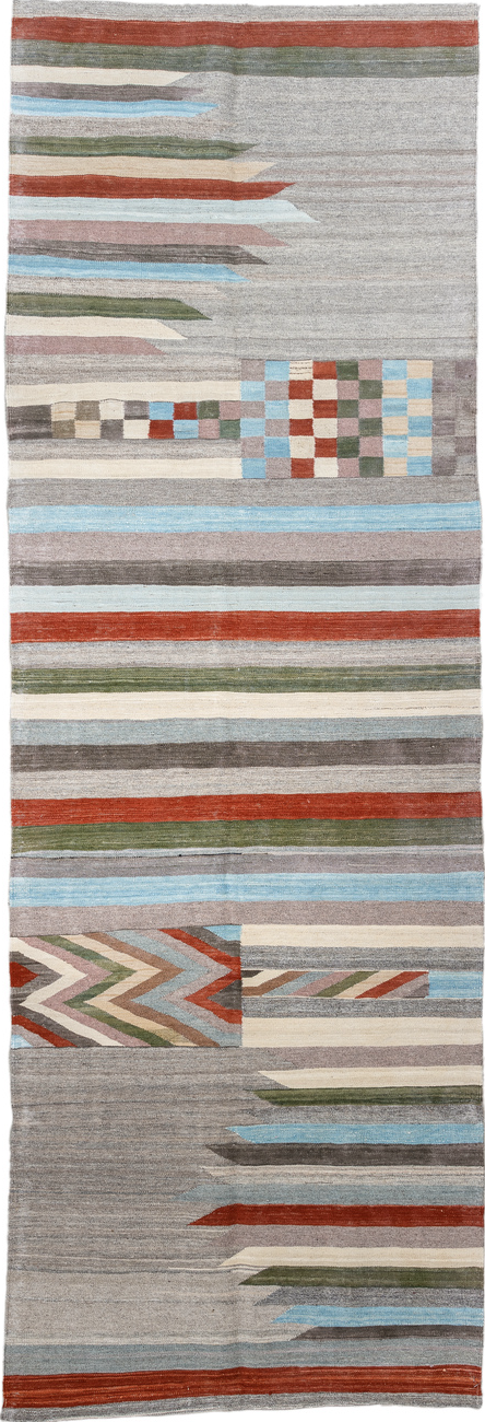 3' x 9' one-of-a-kind handmade vintage Kilim runner rug. Color palette: blue, brown, dark gray, gainsboro, gray, light blue