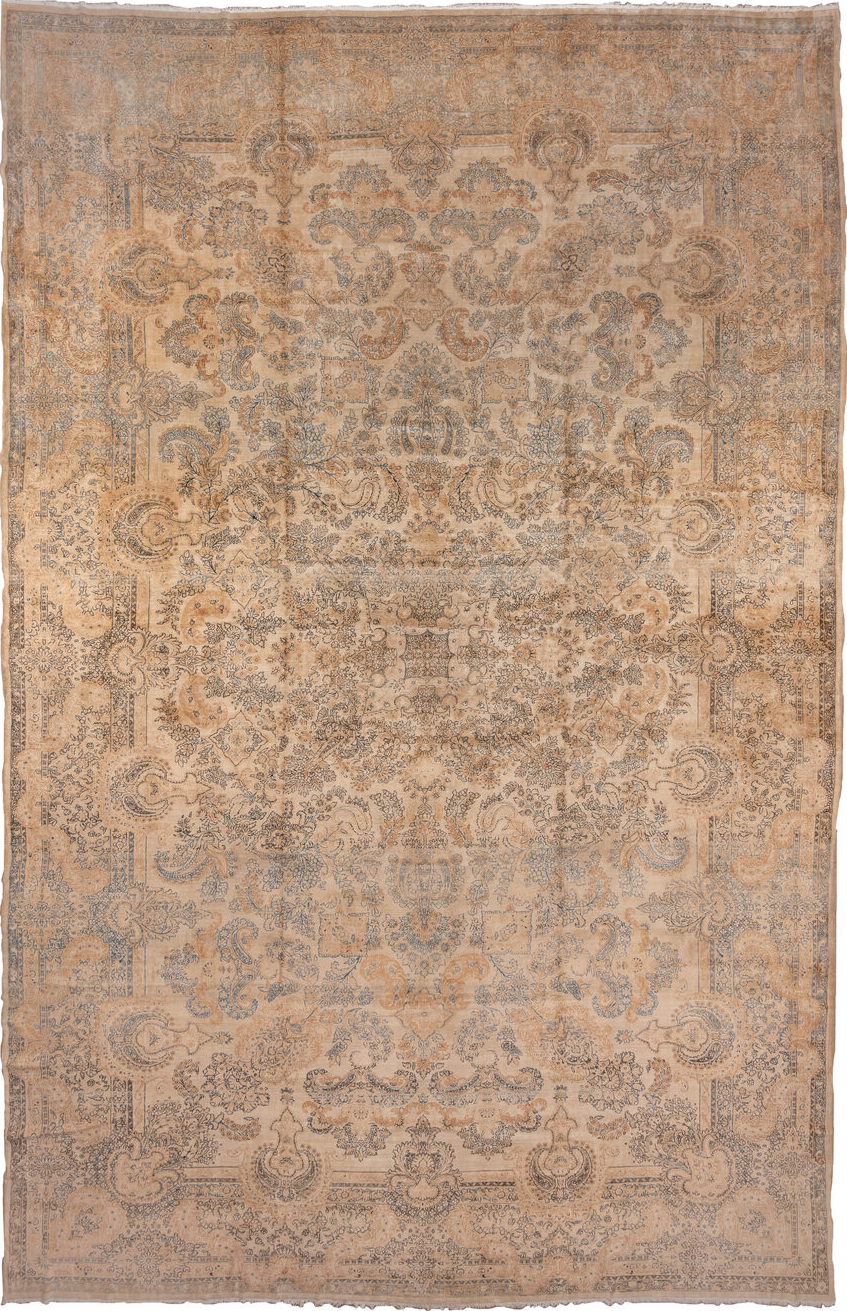 13' x 24' one-of-a-kind handmade vintage Kerman oversize rug. Color palette: brown, gray, light gray, off-white, orange
