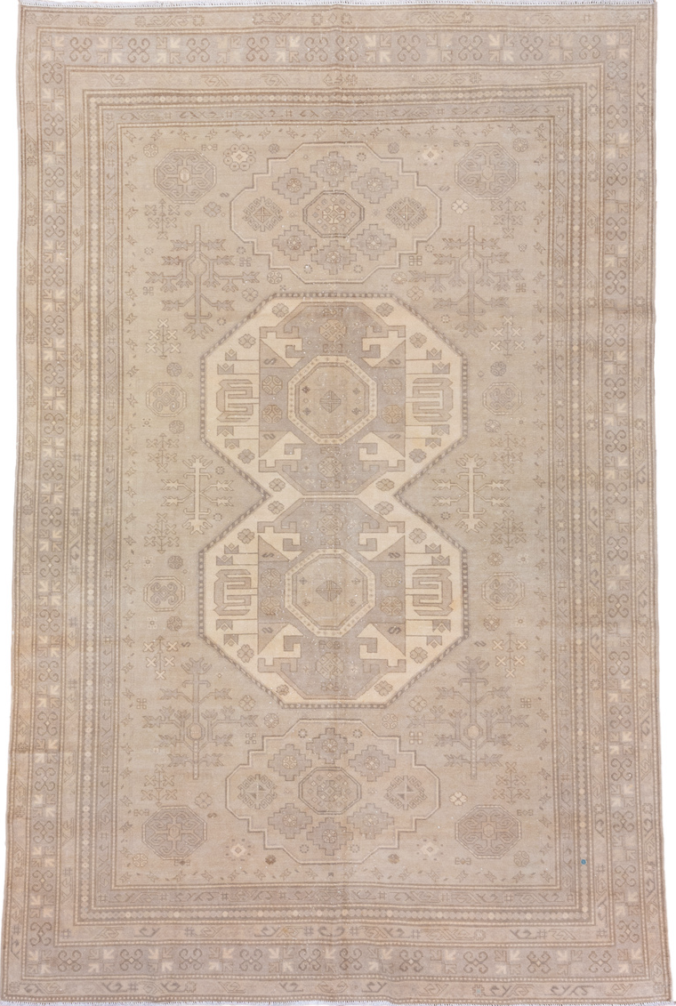 6' x 10' one-of-a-kind handmade vintage Derband large size rug. Color palette: brown, gainsboro, gray, light gray, off-white