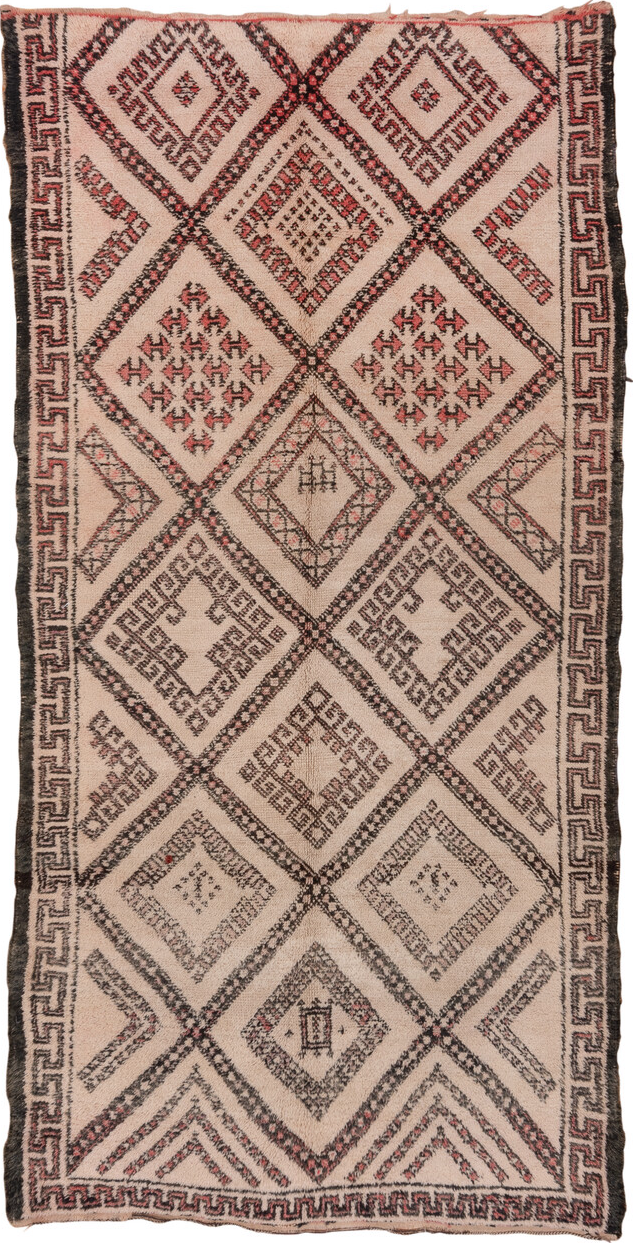 6' x 12' one-of-a-kind handmade vintage Moroccan large size rug. Color palette: brown, gray, orange, pink, red