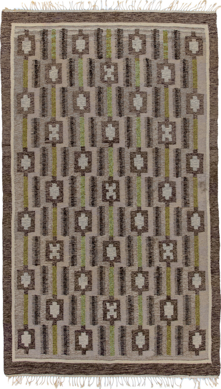 4' x 8' one-of-a-kind handmade vintage Rollaken rug. Color palette: brown, dark gray, dark khaki, gray, light gray
