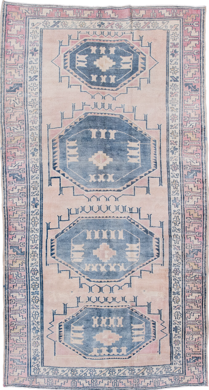 5' x 9' one-of-a-kind handmade vintage Caucasian medium size rug. Color palette: blue, fiord, gainsboro, gray, light gray