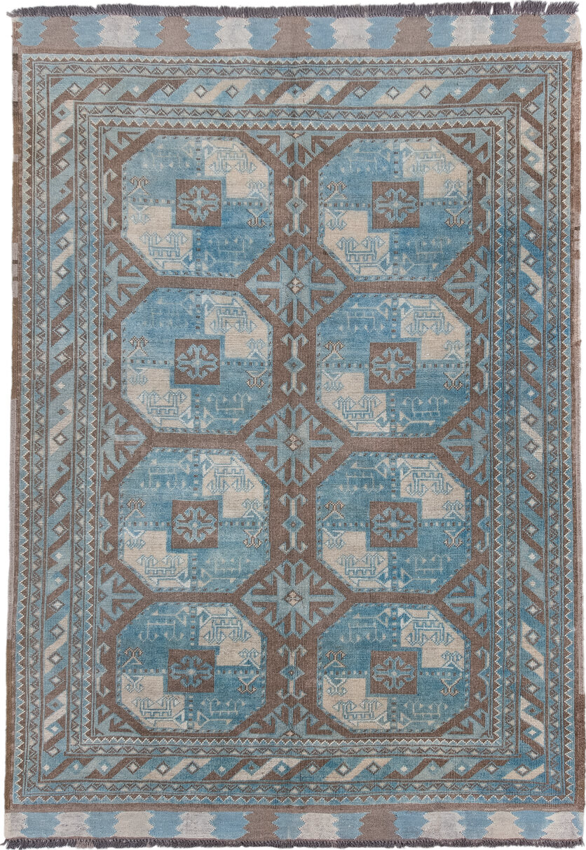 4' x 7' one-of-a-kind handmade vintage Afghan rug. Color palette: black, blue, brown, charcoal, dark gray, dim gray, gray