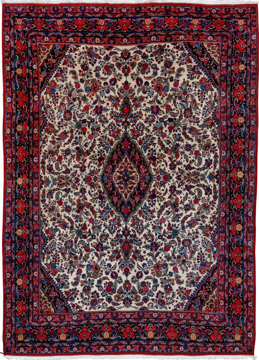 9' x 12' one-of-a-kind handmade vintage Bidjar large size rug. Color palette: black, blue, brown, charcoal, gray, light gray