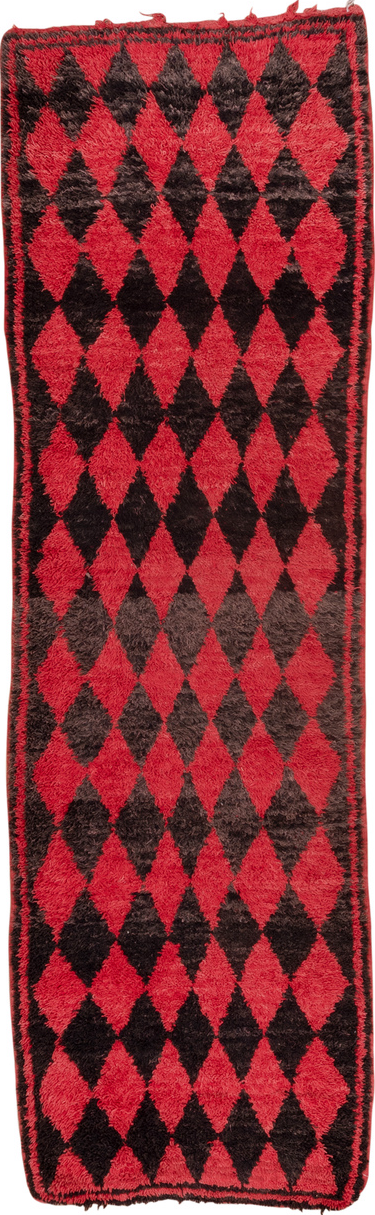 3' x 11' one-of-a-kind handmade vintage Moroccan runner rug. Color palette: brown, indian red, pink, red, redwood