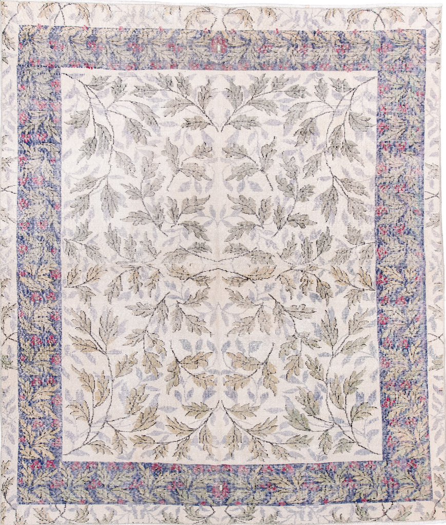 6' x 7' one-of-a-kind handmade vintage Sparta rug. Color palette: black, blue, gainsboro, gray, light gray, off-white, pink