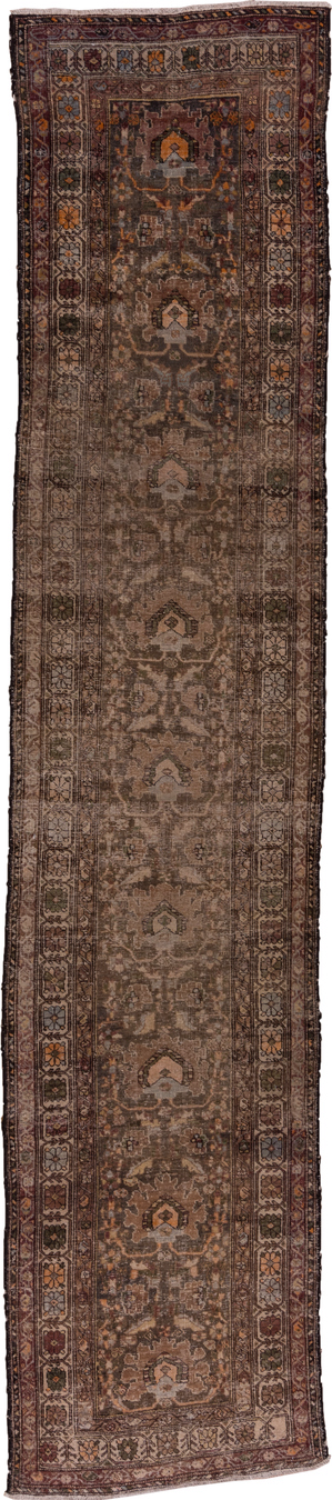 2' x 13' one-of-a-kind handmade vintage Sarab runner rug. Color palette: brown, dark gray, gray, pink, saddle brown