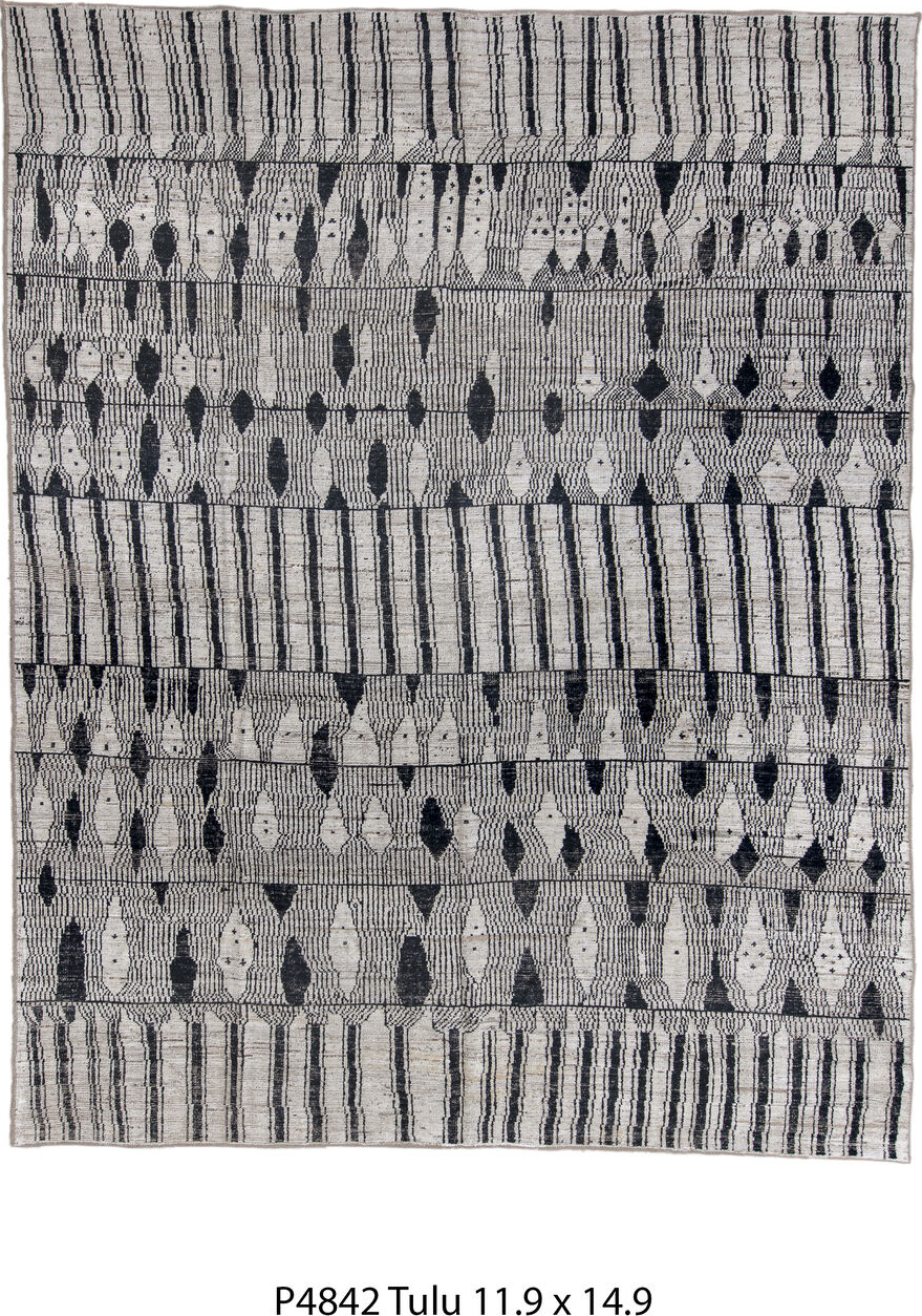 11' x 14' one-of-a-kind handmade vintage Tulu oversize rug. Color palette: black, blue, charcoal, dark gray, dim gray