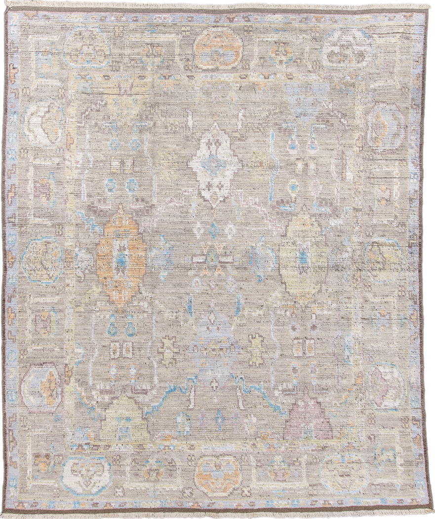 8' x 9' one-of-a-kind handmade vintage Tulu rug. Color palette: gray, brown, off-white, light gray, pink, gainsboro