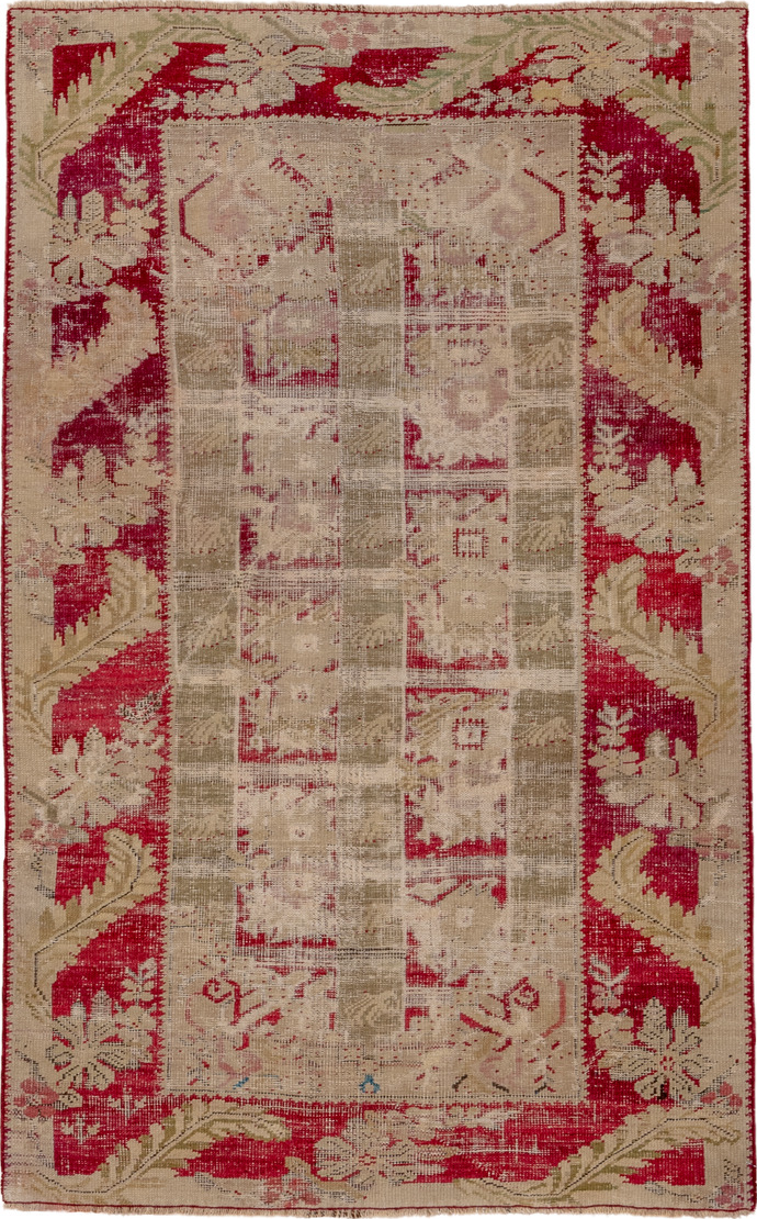 3' x 5' one-of-a-kind handmade vintage Ghordes small size rug. Color palette: brown, pink, red