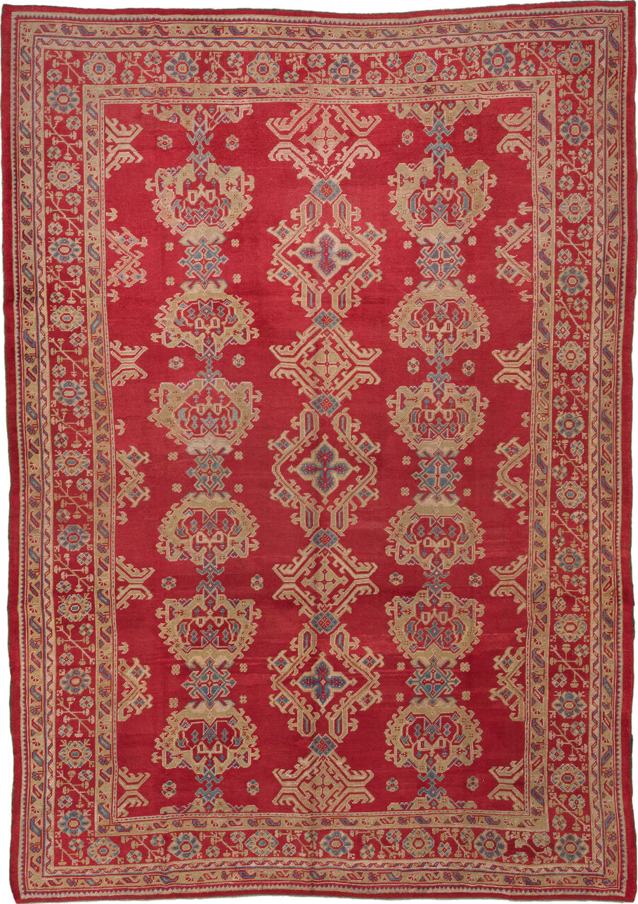 10' x 14' one-of-a-kind handmade vintage Oushak large size rug. Color palette: blue, brown, gray, pink, red