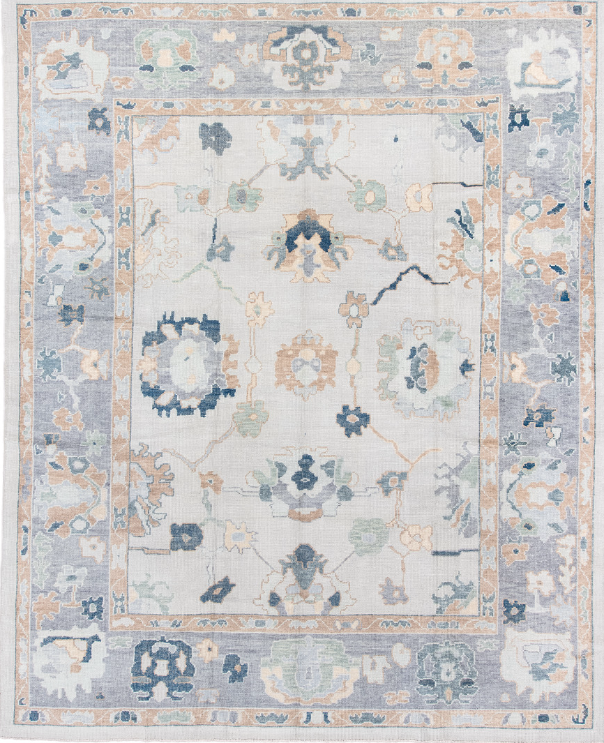 9' x 11' one-of-a-kind handmade vintage Oushak large size rug. Color palette: blue, dark gray, gainsboro, gray, light gray