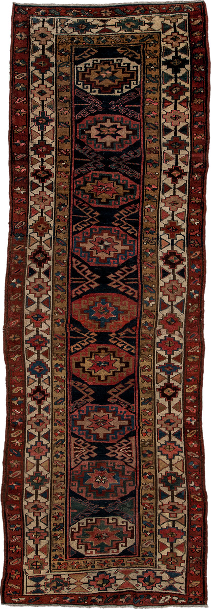 3' x 9' one-of-a-kind handmade vintage NW Persian runner rug. Color palette: black, brown, gray, off-white, orange, pink
