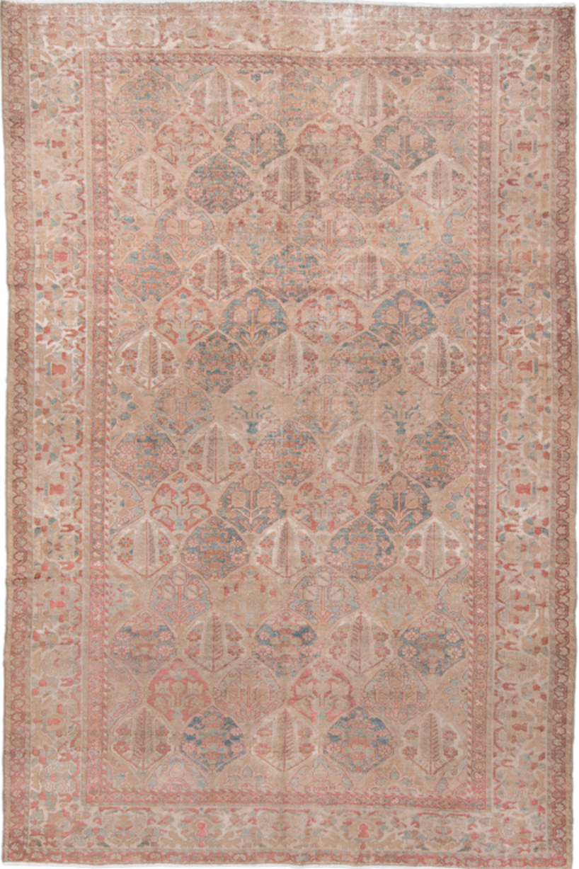 6' x 9' one-of-a-kind handmade vintage Baktiary medium size rug. Color palette: brown, gray, light gray, off-white, orange