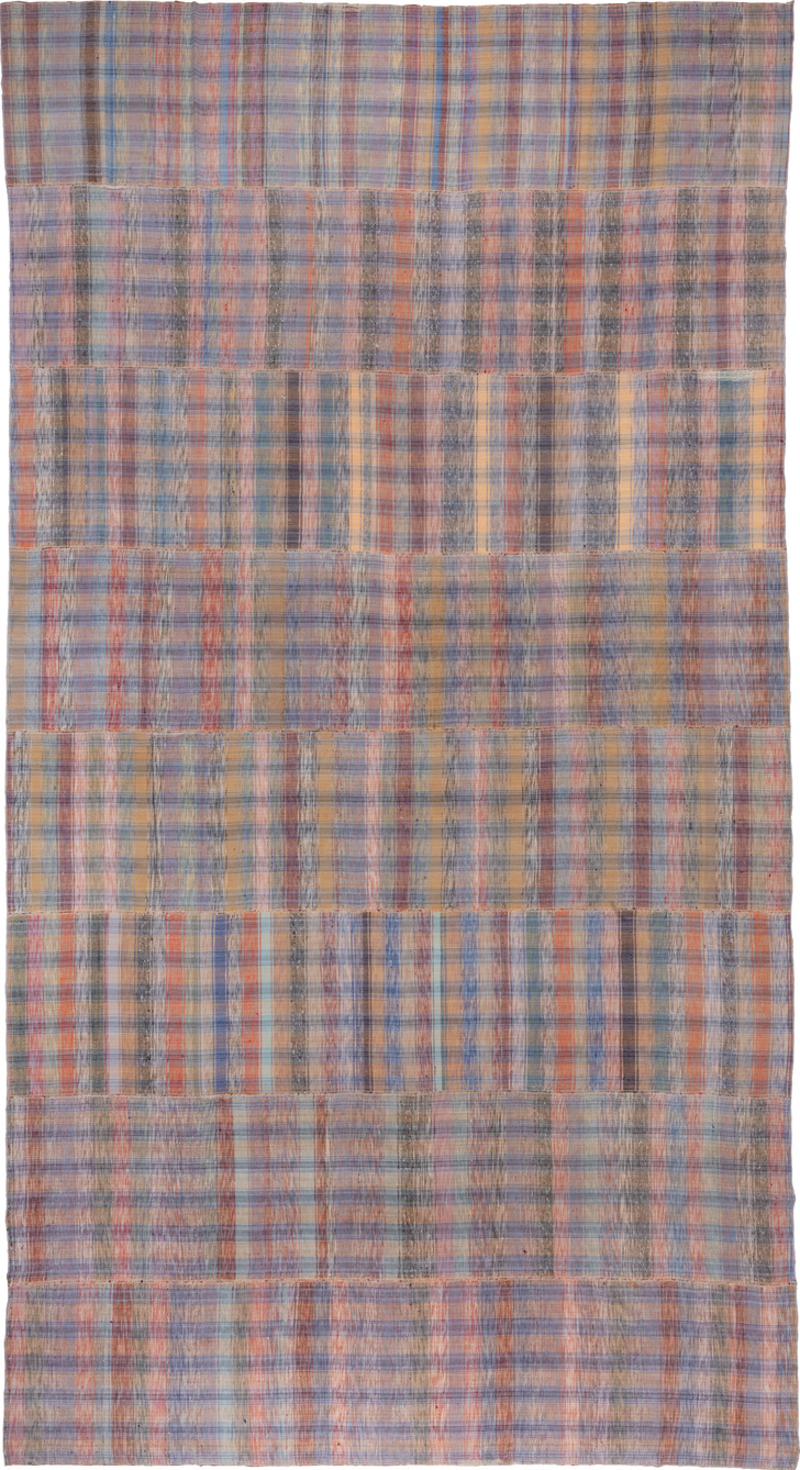 11' x 20' one-of-a-kind handmade vintage Rag Rug oversize rug. Color palette: blue, brown, dark gray, gray, pink, red