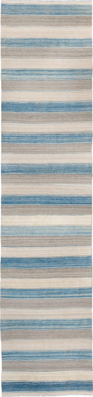 3' x 13' one-of-a-kind handmade vintage Kilim runner rug. Color palette: blue, dark gray, gray, light blue, light gray