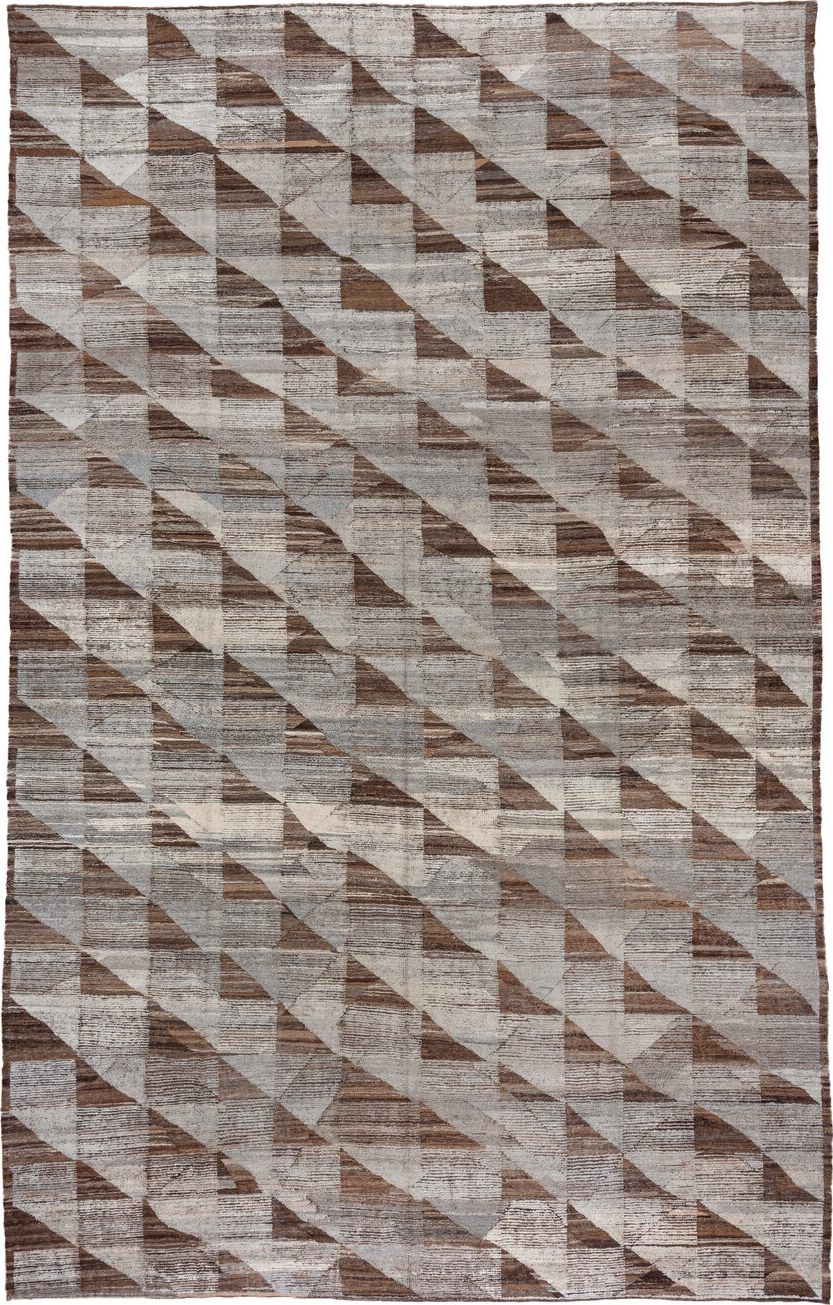 13' x 20' one-of-a-kind handmade vintage Tulu oversize rug. Color palette: brown, dark gray, gray, light gray, off-white