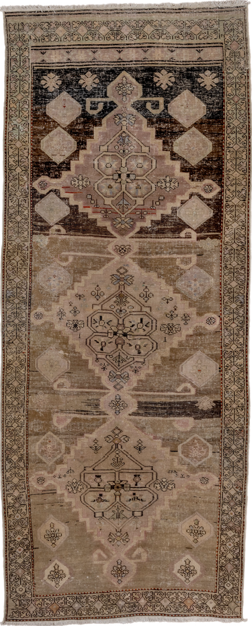 3' x 7' one-of-a-kind handmade vintage Caucasian runner rug. Color palette: black, brown, gray, light gray