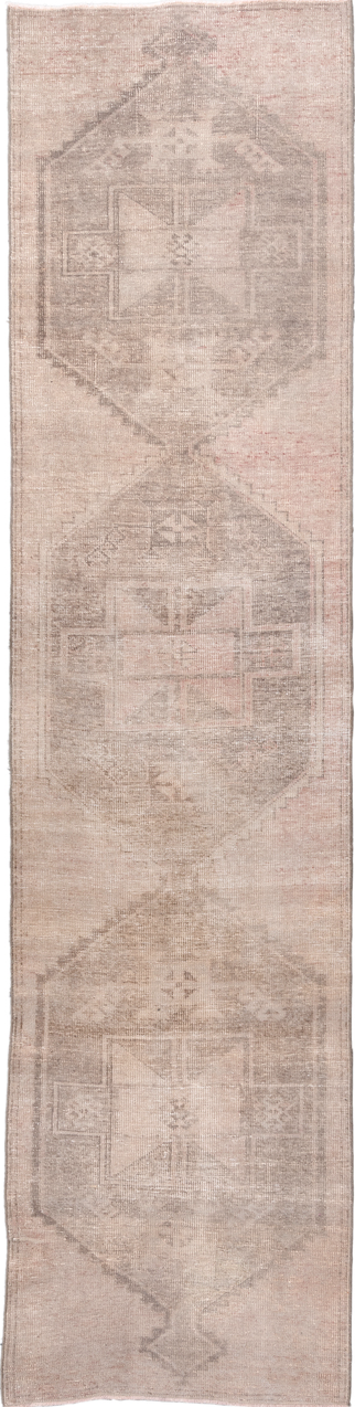 3' x 12' one-of-a-kind handmade vintage Anatol runner rug. Color palette: brown, gray, light gray, off-white, pink, snow
