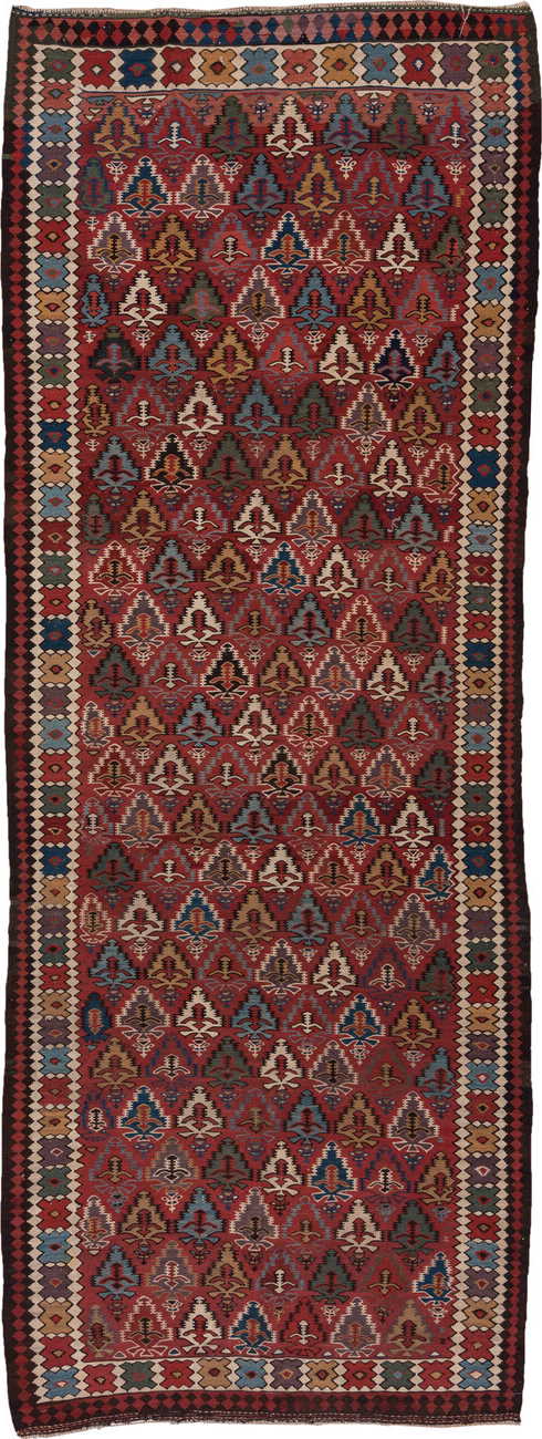 5' x 13' one-of-a-kind handmade vintage Kilim rug. Color palette: blue, brown, gray, pink, red