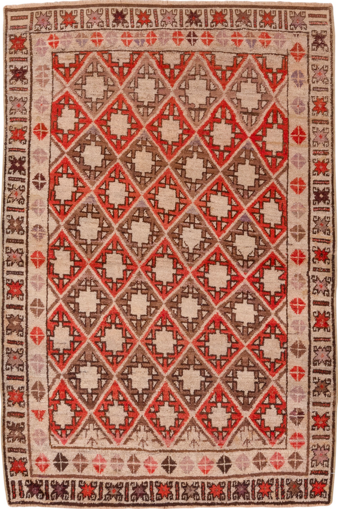 4' x 6' one-of-a-kind handmade vintage Oushak small size rug. Color palette: brown, fire brick, off-white, orange, pink, red