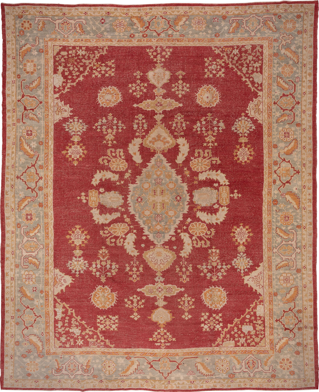 12' x 15' one-of-a-kind handmade vintage Oushak oversize rug. Color palette: brown, indian red, orange, pink, red, tan