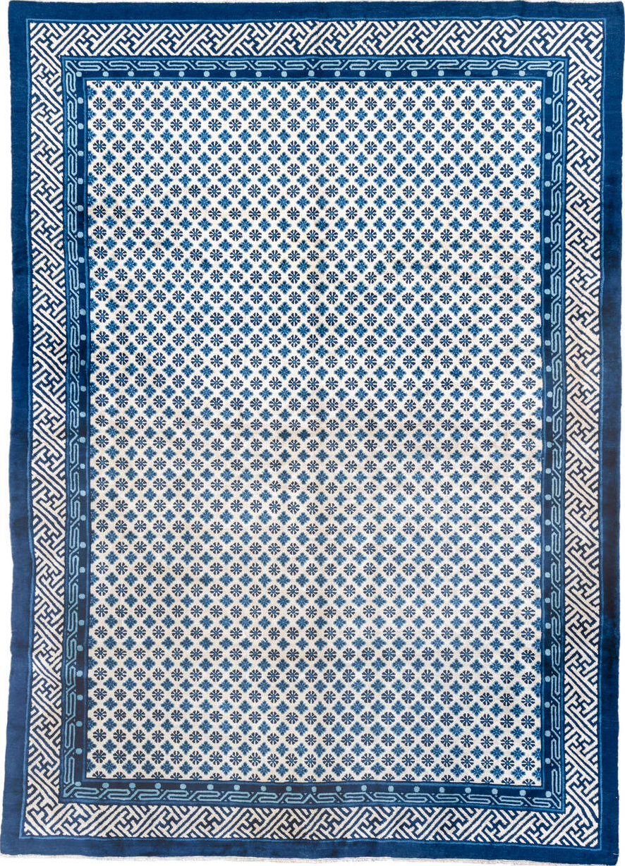7' x 10' one-of-a-kind handmade vintage Chinese large size rug. Color palette: arapawa, blue, dark gray, gray, light blue