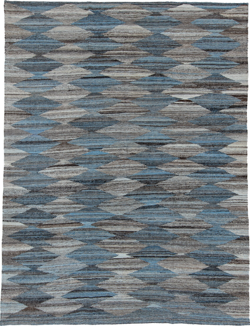 8' x 12' one-of-a-kind handmade vintage Kilim large size rug. Color palette: arapawa, black, blue, charcoal, dark gray, gray
